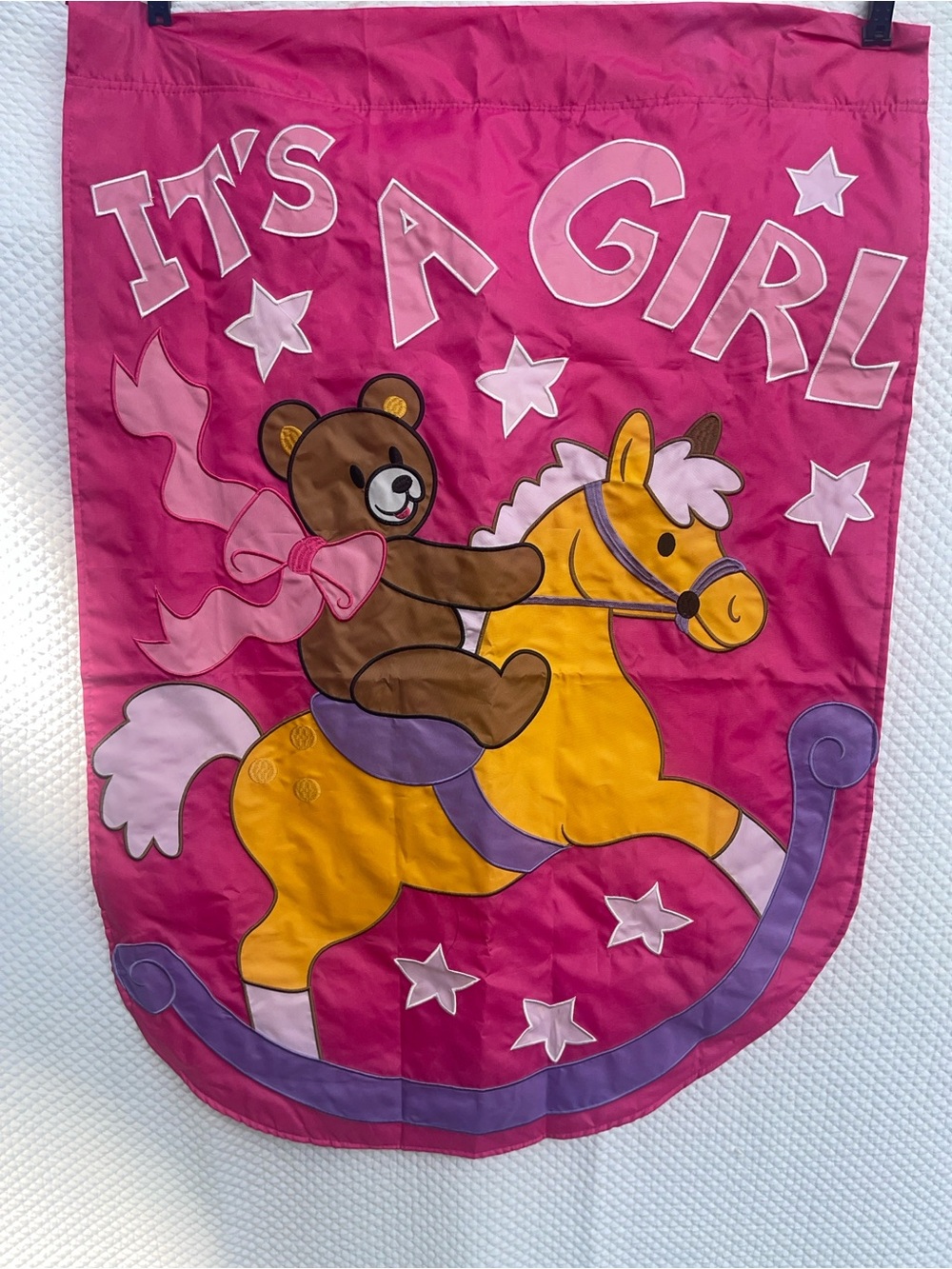 It’s A Girl Large House Flag Teddy Bear Rocking Horse Pink Baby Announcement